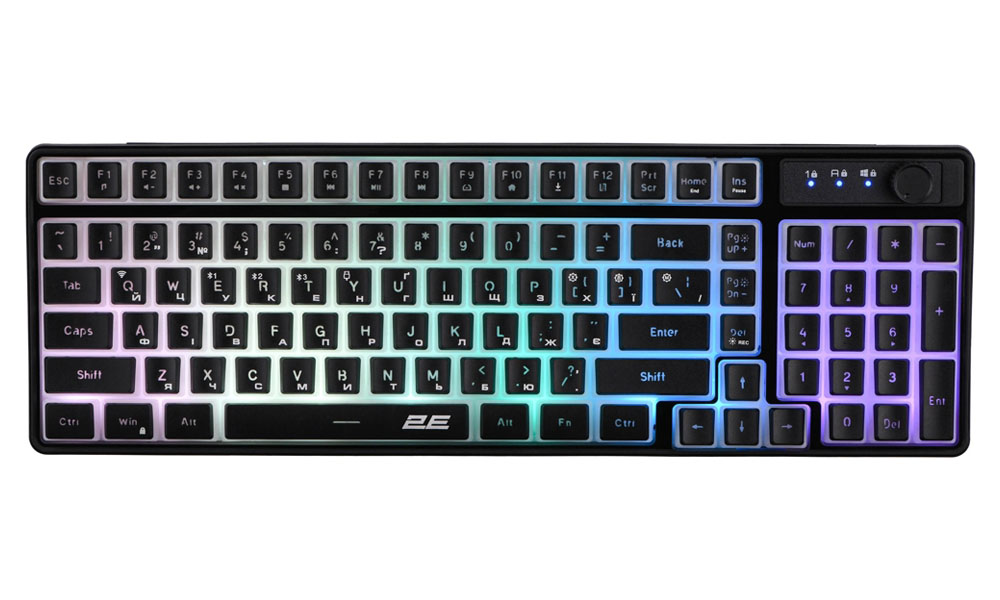 2E GAMING Membrane keyboard KG390 100key, USB-A/WL/BT, EN/UA, RGB, black 2E-KG390UBK-WL