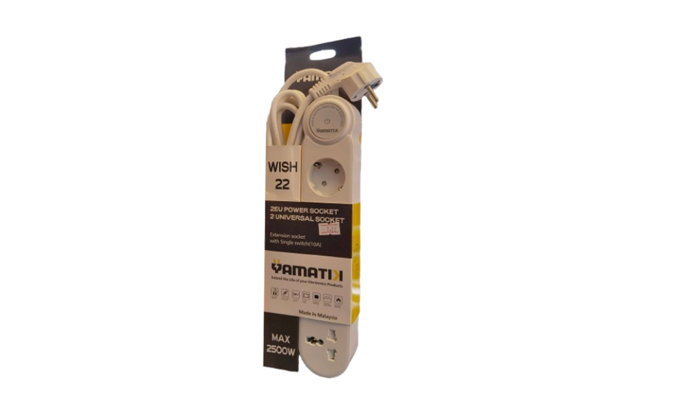 Yamatik/WISH-22 დენის დამცავი დამაგრძელებელი დამიწებით, 4(2EU/2Universal) შესაერთებელი,3მ. 2500W,10A