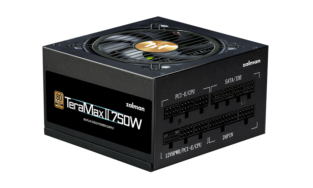 Zalman PSU Teramax 2 (750W), >90%, 80+ Gold, 120mm, 1xMB 28pin (18+10), 2xCPU 8pin(4+4), 3xMolex, 8xSATA, 3xPCIe 8pin(6+2), 1xPCIe GEN5 16pin, Fully ZM750-TMX2