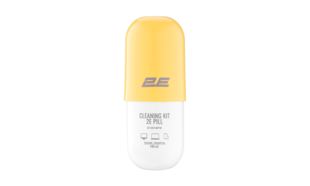 2E Cleaning kit PILL for office equipment (liquid 140ml, whipe 20cm), white-yellow 2E-SK140YW