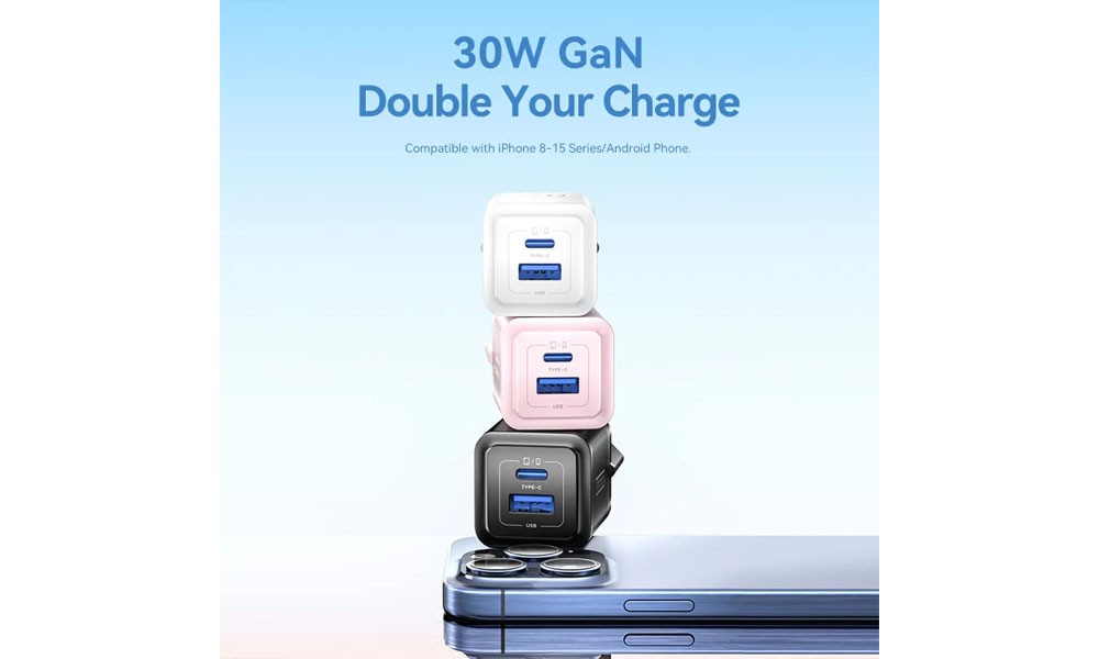 Vention FEQB0-EU 2-Port USB (C + A) GaN Charger (30W/30W) EU-Plug Black