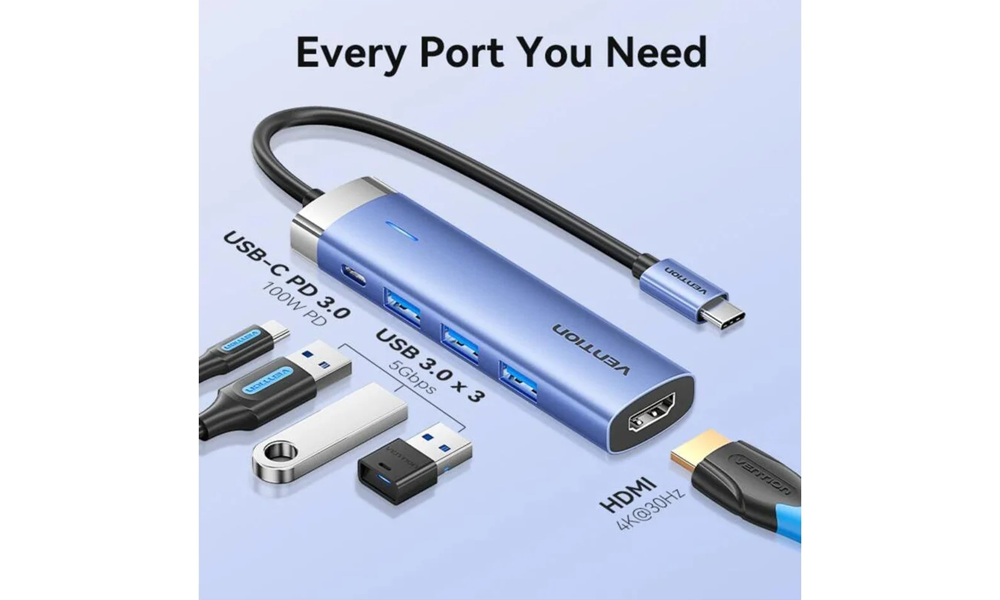 Vention TGESB USB-C to HDMI/USB 3.0 x 3/PD Docking Station 0.15M Blue Aluminum Alloy Type