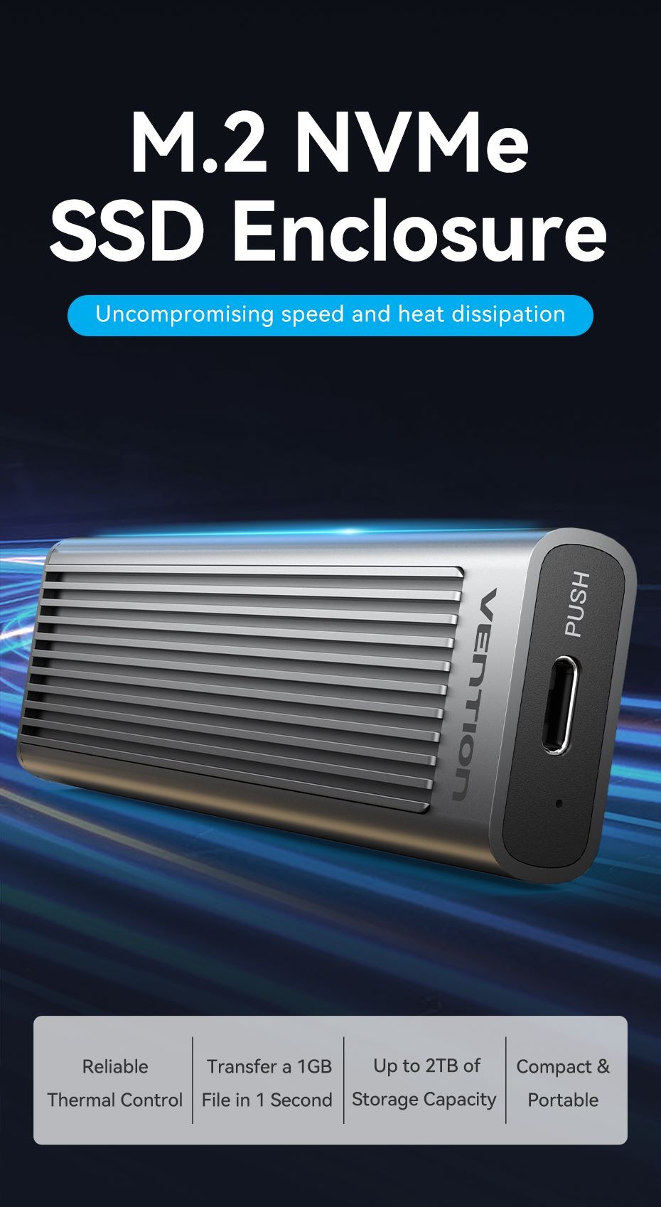 Vention KPKH0 M.2 NVMe SSD Enclosure (USB 3.1 Gen 2-C) with Heat Sink Gray Aluminum Alloy Type