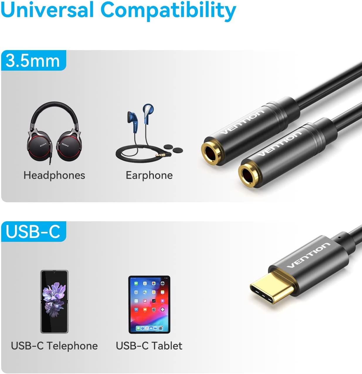 Vention Type-C to Dual 3.5mm Female Audio Cable | 0.3M Black Metal Type BGBBY