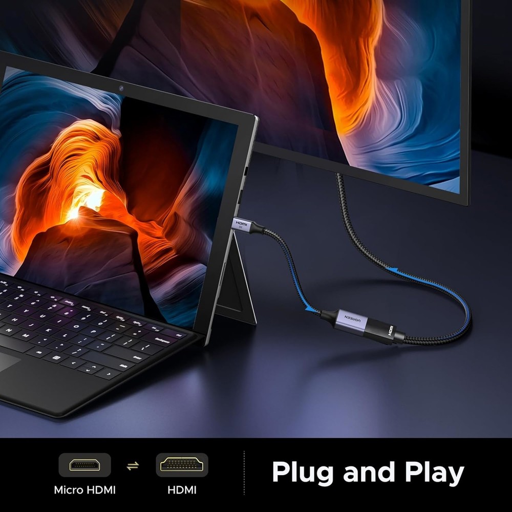 Ugreen HD182 (65593), 8K Micro HDMI to HDMI Cable, 20cm, Grey/Black