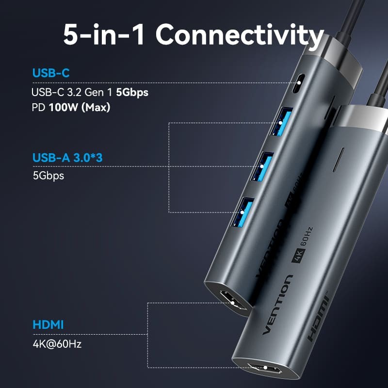 Vention TGMHB USB-C to HDMI/USB 3.0*3/USB 3.2 Gen 1 Type-C/PD Docking Station 0.15M Gray Aluminum Alloy Type
