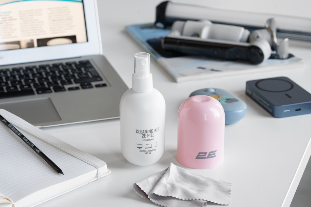 2E Cleaning kit PILL for office equipment (liquid 140ml, whipe 20cm), white-pink 2E-SK140PN