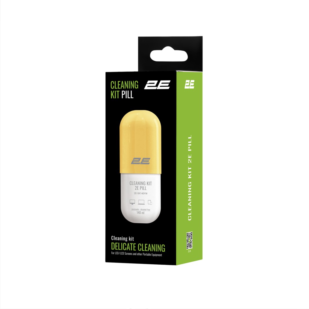 2E Cleaning kit PILL for office equipment (liquid 140ml, whipe 20cm), white-yellow 2E-SK140YW