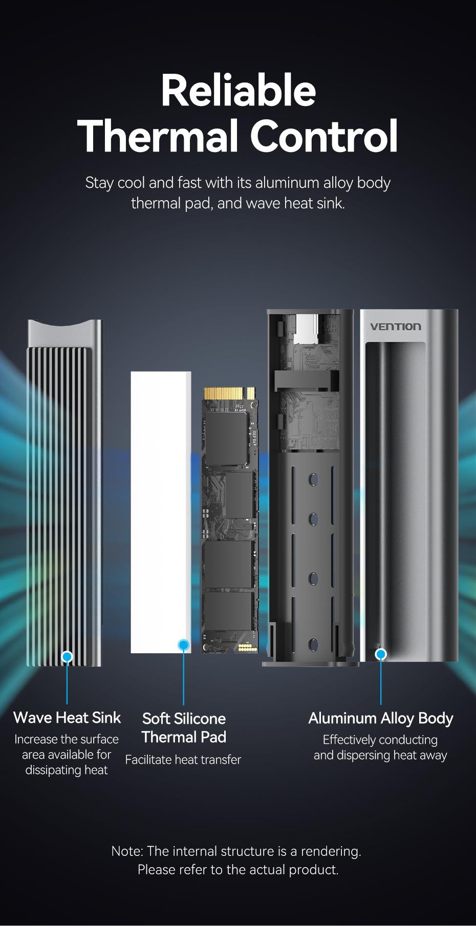 Vention KPKH0 M.2 NVMe SSD Enclosure (USB 3.1 Gen 2-C) with Heat Sink Gray Aluminum Alloy Type