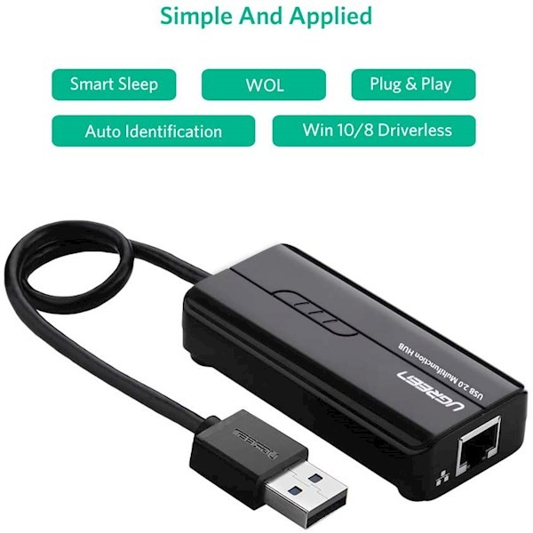 Ugreen 20264 USB 2.0 10/100Mbps USB to Lan + 3Port USB HUB Network Adapter