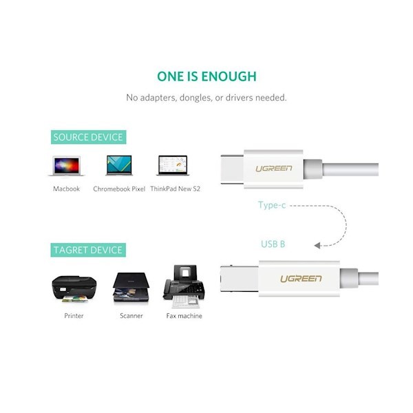 Ugreen 40417 US241 USB-C to USB 2.0 Print Cable 1.5m (White)