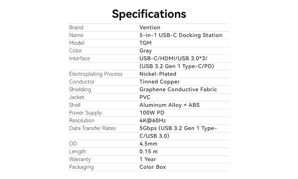 Vention TGMHB USB-C to HDMI/USB 3.0*3/USB 3.2 Gen 1 Type-C/PD Docking Station 0.15M Gray Aluminum Alloy Type