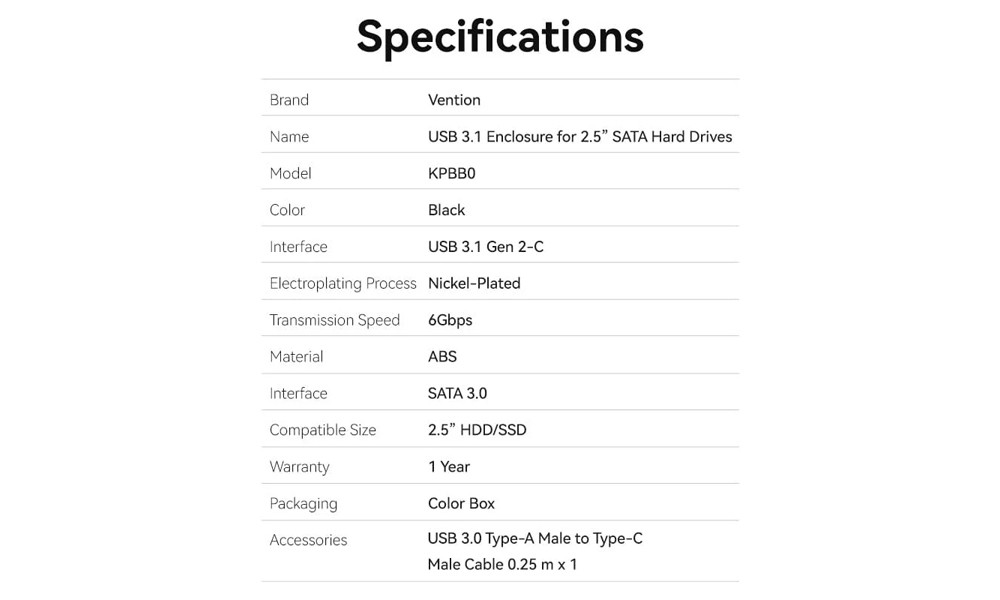 Vention KPBB0 2.5 Inch SATA Hard Drive Enclosure (USB 3.1 Gen 2-C) Black