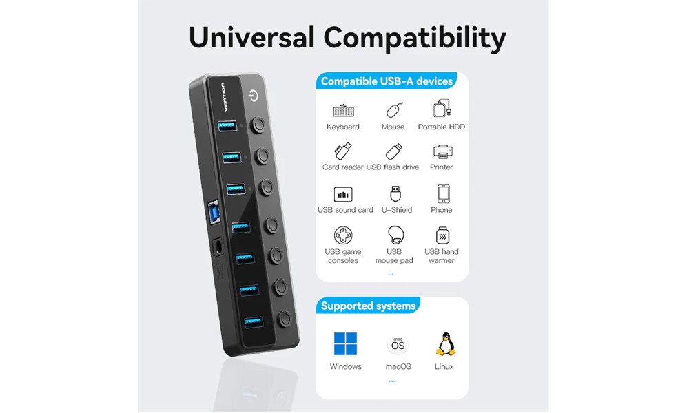 Vention CHXB0-EU USB B 3.0 to USB 3.0 x7 Hub with Individual Power Switches