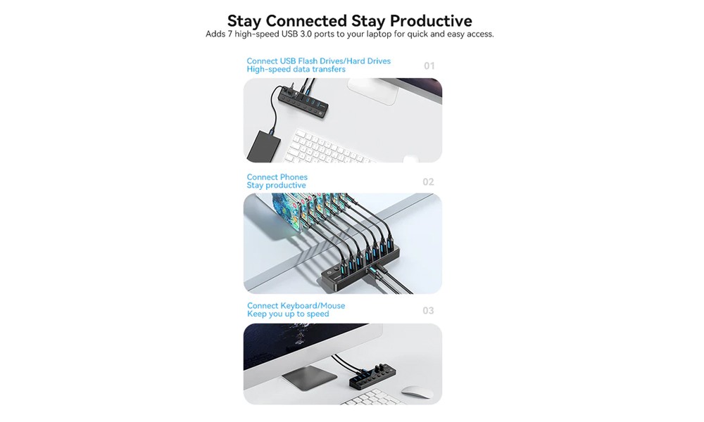 Vention CHXB0-EU USB B 3.0 to USB 3.0 x7 Hub with Individual Power Switches
