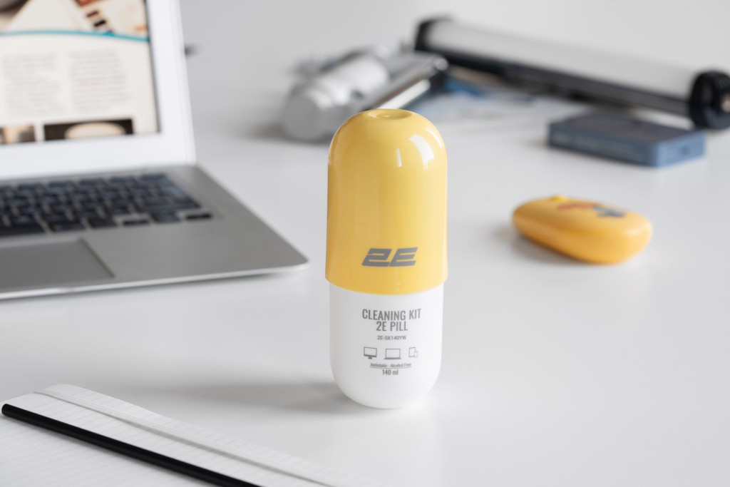 2E Cleaning kit PILL for office equipment (liquid 140ml, whipe 20cm), white-yellow 2E-SK140YW