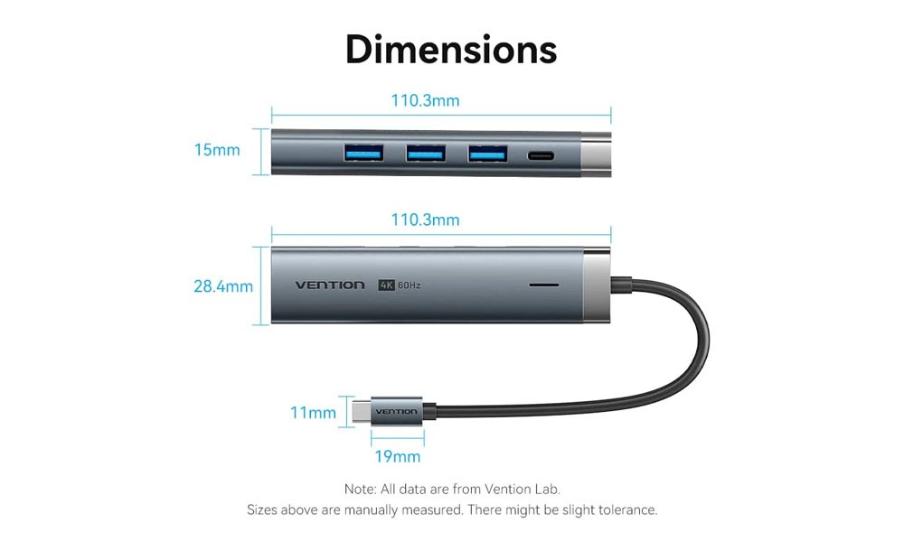 Vention TGMHB USB-C to HDMI/USB 3.0*3/USB 3.2 Gen 1 Type-C/PD Docking Station 0.15M Gray Aluminum Alloy Type