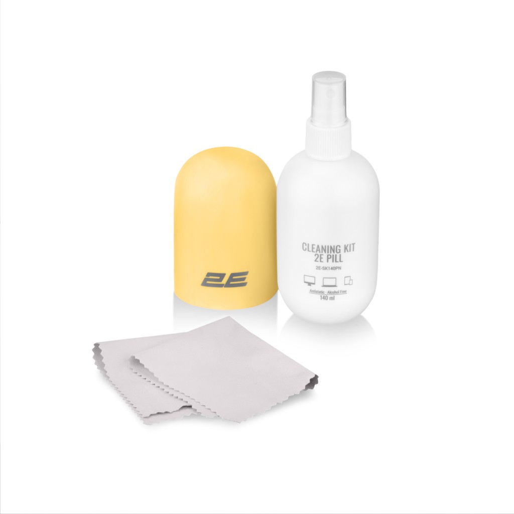 2E Cleaning kit PILL for office equipment (liquid 140ml, whipe 20cm), white-yellow 2E-SK140YW
