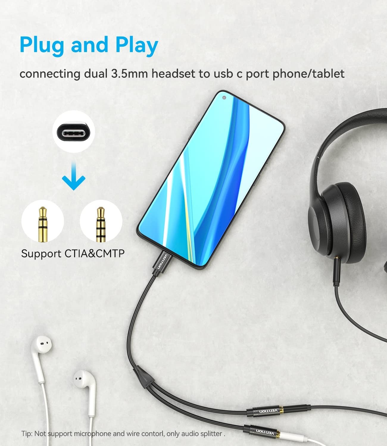 Vention Type-C to Dual 3.5mm Female Audio Cable | 0.3M Black Metal Type BGBBY