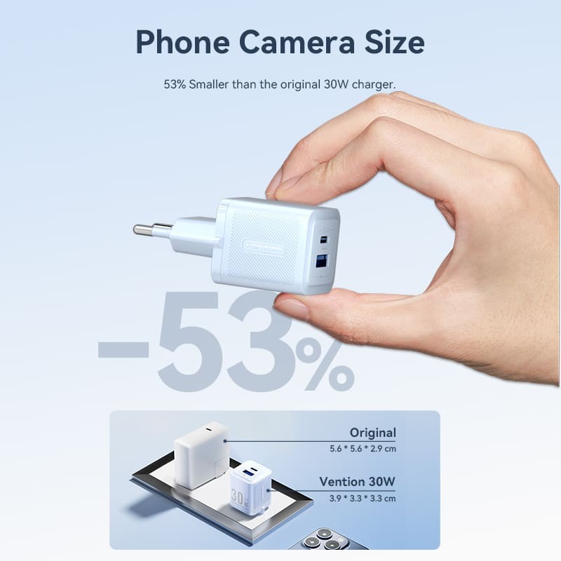 Vention FEQW0-EU 2-Port USB (C + A) GaN Charger (30W/30W) EU-Plug White