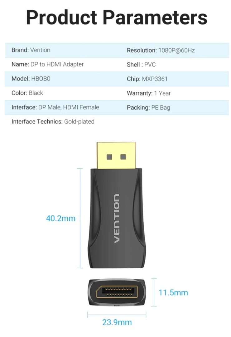 Vention HBOB0 DisplayPort Male to HDMI Female Adapter Black (DP to HDMI)