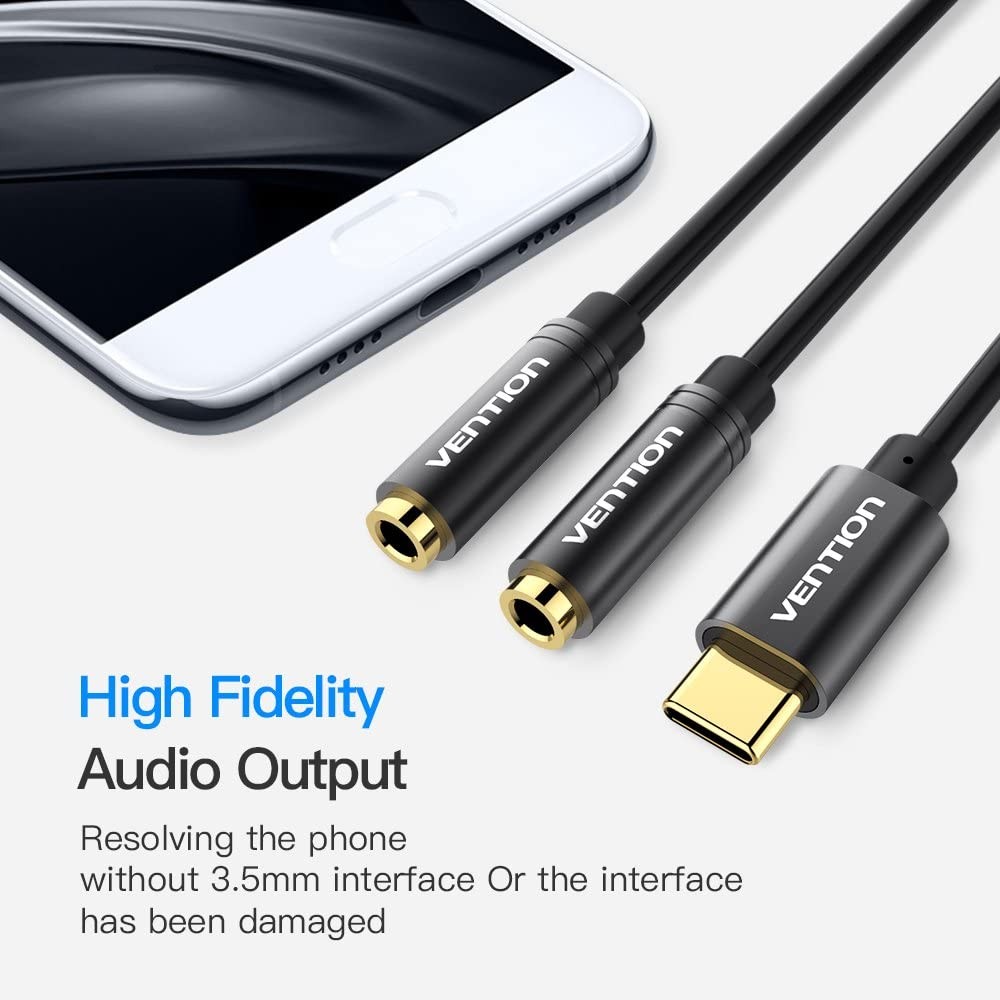 Vention Type-C to Dual 3.5mm Female Audio Cable | 0.3M Black Metal Type BGBBY
