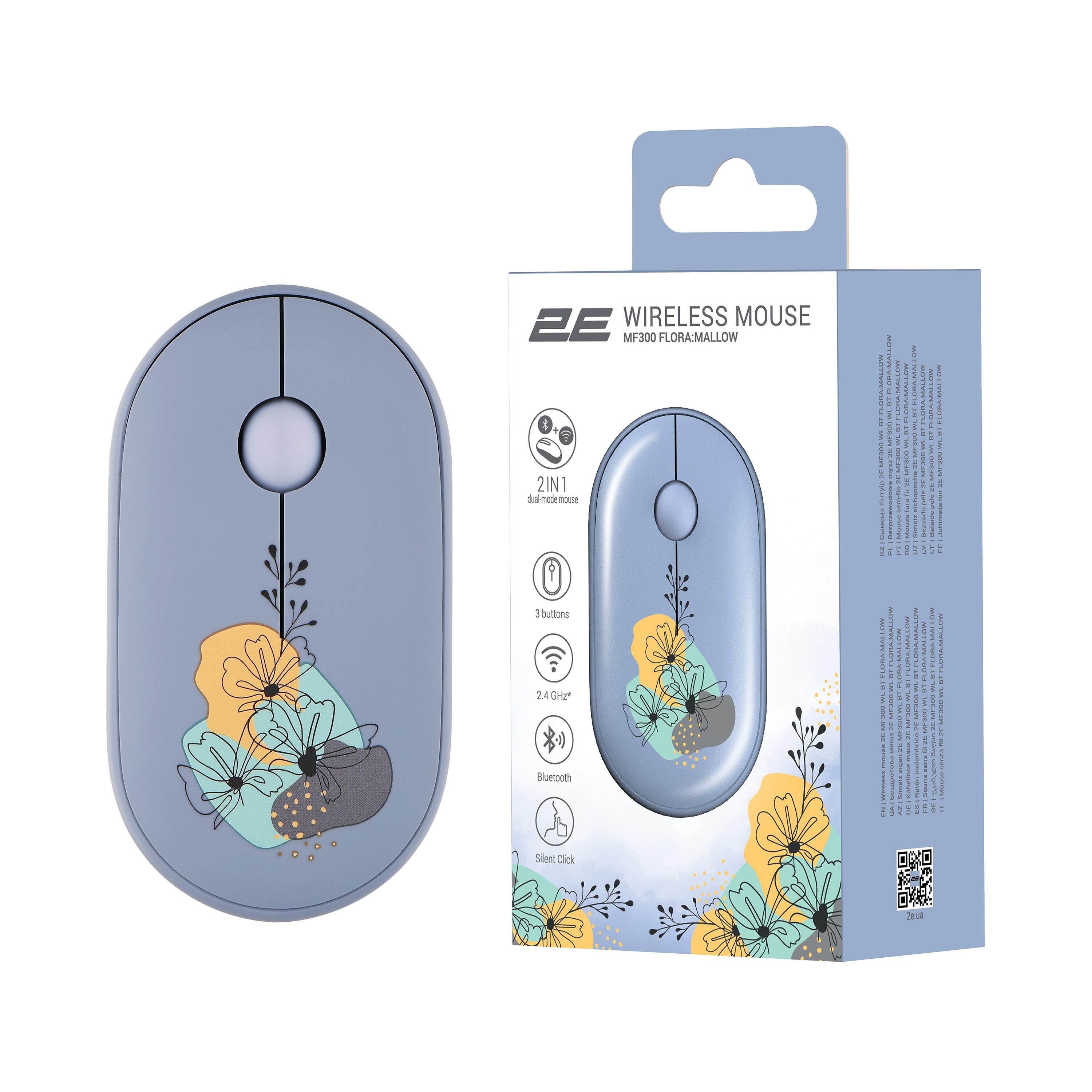 2E Mouse MF300 FLORA:MALLOW Silent WL BT, Blue 2E-MF300WFLORABL