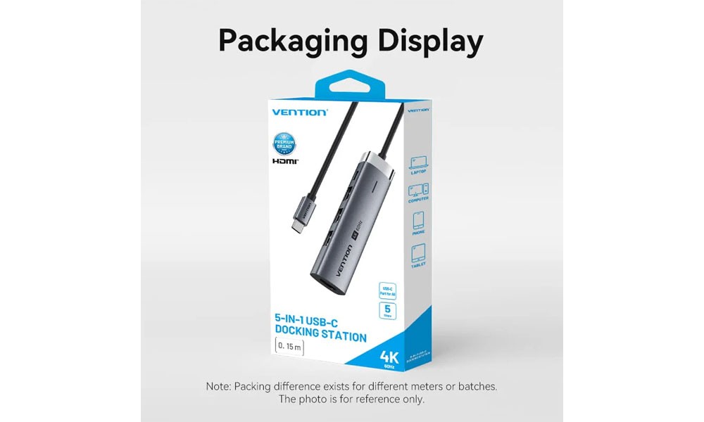 Vention TGMHB USB-C to HDMI/USB 3.0*3/USB 3.2 Gen 1 Type-C/PD Docking Station 0.15M Gray Aluminum Alloy Type